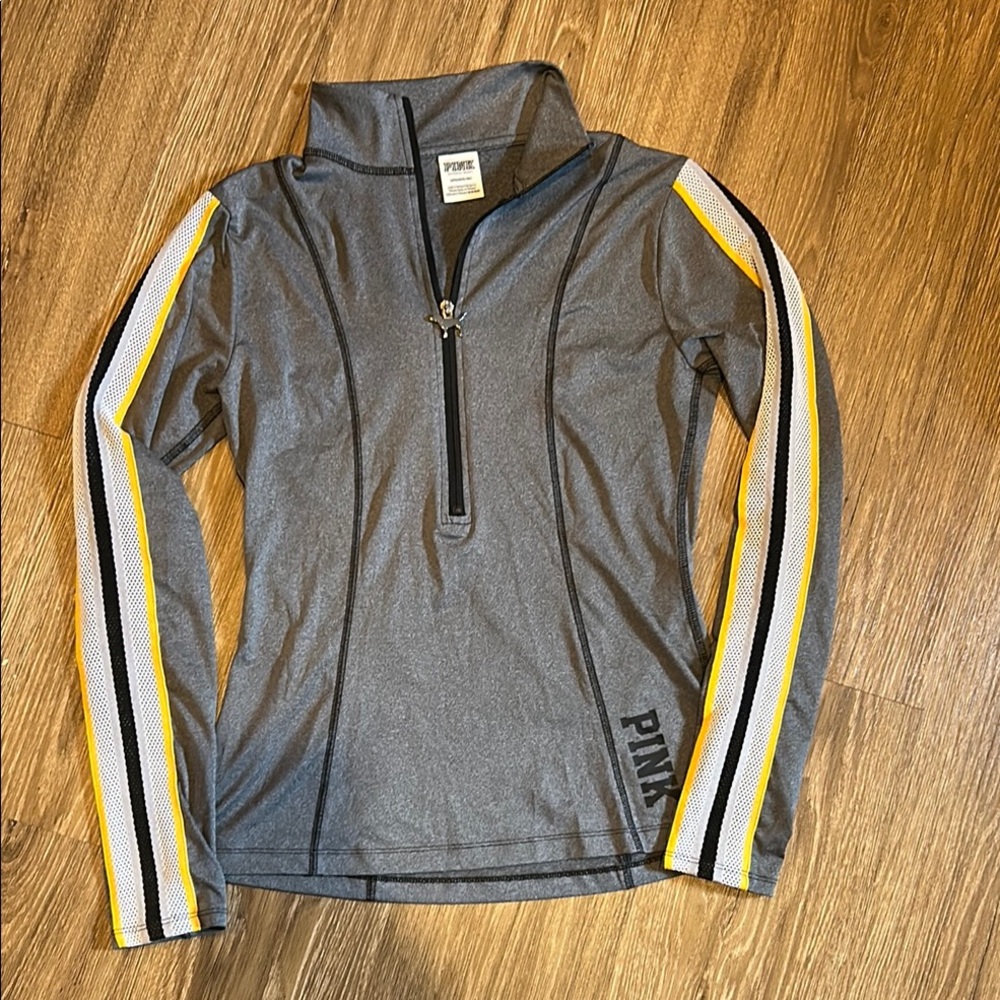 Gray Quarter-Zip Pullover with Yellow and Black Stripes